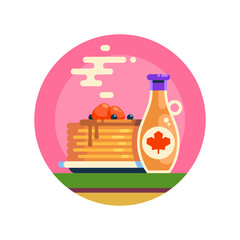 Hot tasty pancakes with berries and maple syrup. A stack of delicious flapjacks and sauce bottle. Vector icon in flat design.