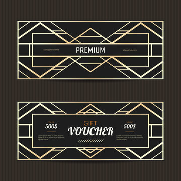 Set of two gift vouchers in Art Deco style. Gift card template. Coupon discount collection. Golden and black tickets.