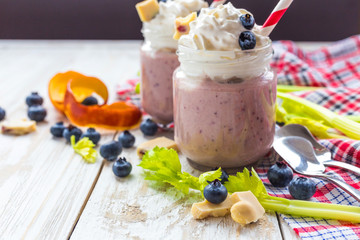 Blueberry and blood orange smoothie with celery and chocolate