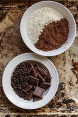 Ingredients - flour, cocoa, chocolate, eggs, sour cream, cream, sugar