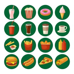 Set fast food icon. Cup cola, hamburger, pizza, burrito