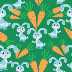 Rabbits with a carrot on a green background. Seamless pattern. Children's cartoon character. Design for textiles, wall hangings, wrapping paper.