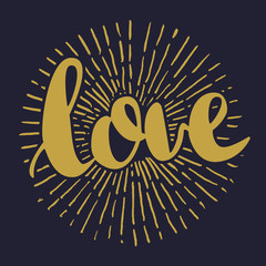 Vector handwritten brush script. Black letters isolated on white background. Love with burst