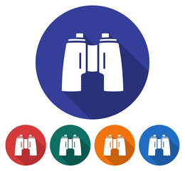 Round icon of binoculars. Flat style illustration with long shadow in five variants background color