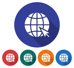 Round icon of globe with pointer arrow (go to web). Flat style illustration with long shadow in five variants background color