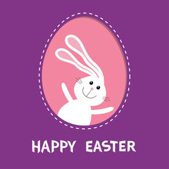 Happy Easter. Bunny rabbit hare with big ears inside painted egg frame window. Dash line contour. Cute cartoon character. Baby greeting card. Violet background. Flat design.