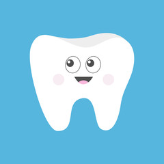 Tooth icon. Cute funny cartoon smiling character with big eyes looking on the right. Oral dental hygiene. Children teeth care. Tooth health. Baby background. Flat design.