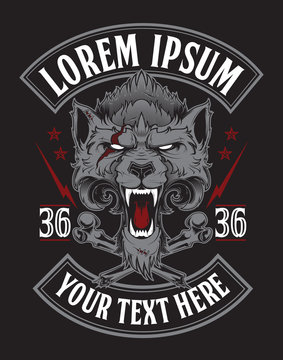 Head of roaring wolf. Vector illustration. T-shirt print
