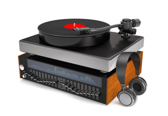 Sond equalizer, turntable, vinyl record and headphones (3d illustration).