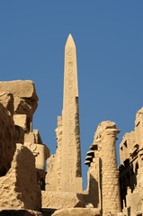 Ancient Egypt. The columns are decorated with carved hieroglyphs. Karnak Temple. Luxor. Thebes.