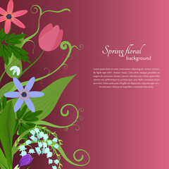 Card with spring flowers and simple text. Tulips, lilies of the valley, crocuses, anemones