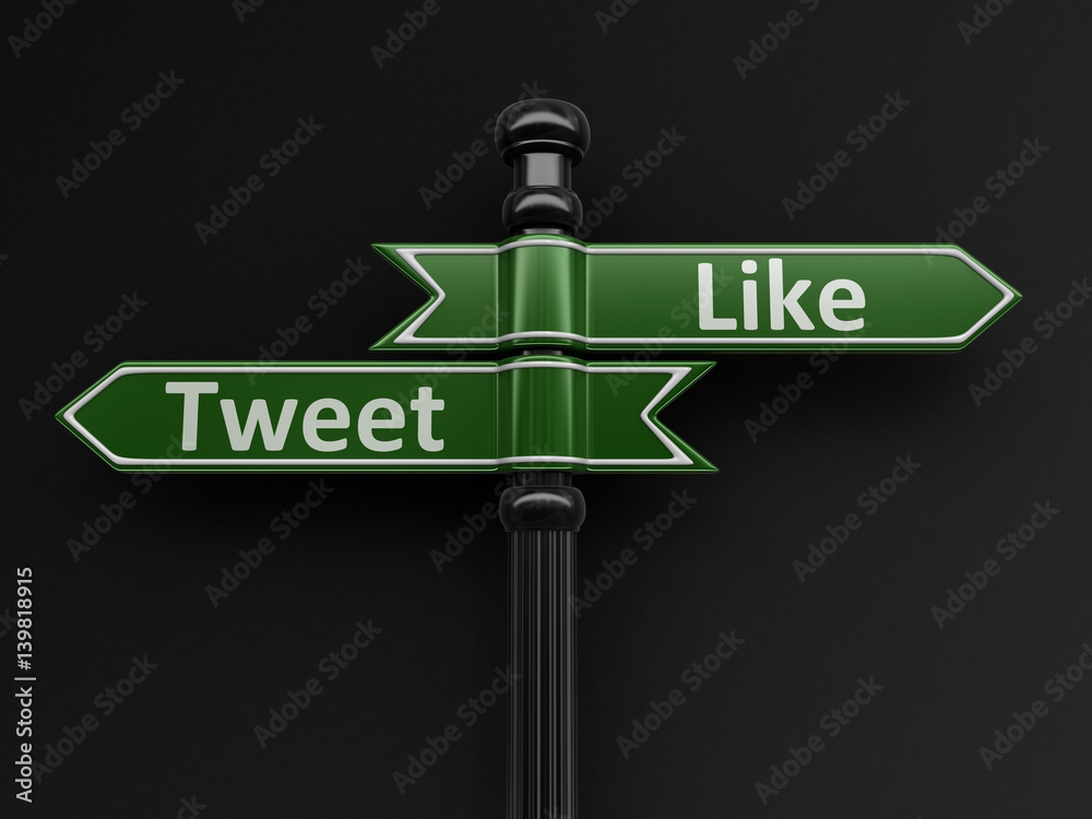 Poster tweet and like pointers on signpost. image with clipping path