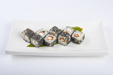 sushi roll with shrimp, Philadelphia cheese sesame seeds