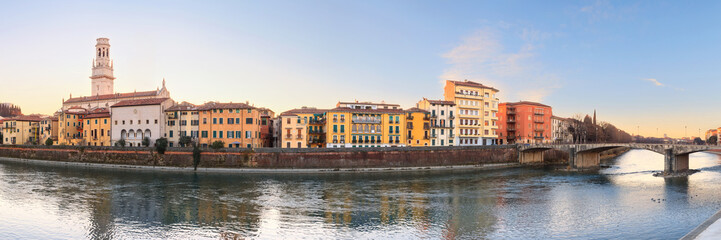 Naklejka na ściany i meble historical quarter of Verona, panorama from river on Duomo Cathedral at sunrise