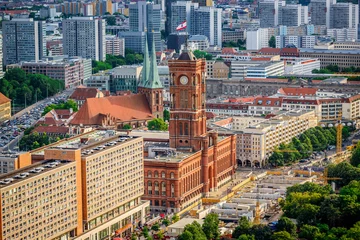 Poster Rotes Rathaus (Red City Hall), located in the Mitte district near Alexanderplatz in Berlin, Germany, Europe, aerial view © AR Pictures