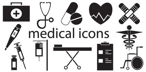 Black and white set of medical icons vector isolated in white background.