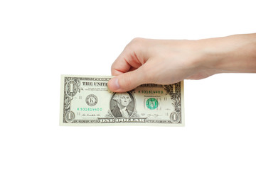 men hand holding and giving one dollar isolated on white background