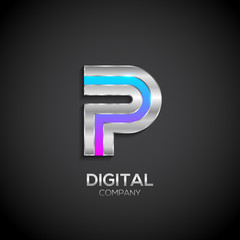 Letter P with metallic texture,3d Glossy, Digital and Technology, metal texture,  silver, steel and realistic shadow for logo, Vector illustration