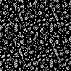 Seamless vector pattern, blue hand drawn background with flowers, branch, leaves, dots. Hand sketch drawing. Doodle funny style. Series of Hand Drawn seamless childish Patterns.