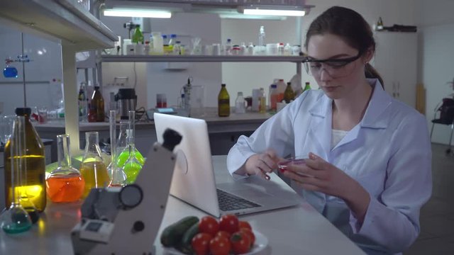 Adult professional woman make food quality test at working place. Woman holding petri dish. At the working place desk with laptop and vegetables.