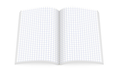 Open notebook with square paper pages isolated on white, top view, 3d illustration