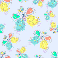 Fototapeta na wymiar Vector seamless floral pattern with insect Hand drawn outline decorative endless background with cute drawn butterfly, flowers Graphic illustration. Line drawing. Print for wrapping, background, decor