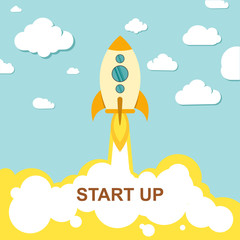 Startup new business project with rocket and clouds on a blue background