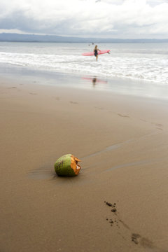 Indonesia, Java, coconut and woman with surfboard on the beach