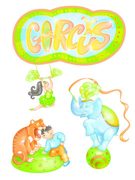 Vector illustration of the elements of a circus performance. A trained elephant on the ball, tiger and tamer, an air gymnast. Bright sign with an inscription circus.