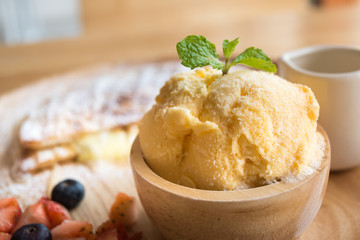 closeup fresh homemade dessert soft vanila roti with cool ice cream