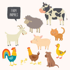 Set of cute farm animals - dog, cat, cow, pig, hen, cock, duck, goat.