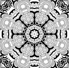 Black and white abstract pattern with leaves and flowers. Doodle. Hand drawn zentagles. Coloring book. Mandala.
