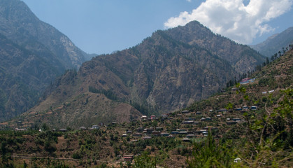 Fototapeta na wymiar A beautiful day in the Himalayas, white clouds, and pine Himalayan surroundings of Shimla, India