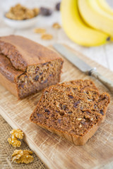 Homemade banana bread on a rustic table