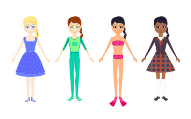 Girl character different races set. Sportswoman, schoolgirl, swimmer, girl in dress. Cartoon vector flat style illustration. Young character with moving joints. Create different poses and situations.
