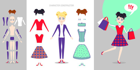 Girl character creation set. Cartoon vector flat style infographic illustration. Young woman character with moving joints. Create different poses and situations.