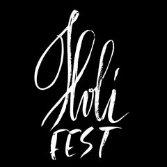 Naklejka premium Vector illustration. Hand drawn brush lettering of Holi Fest. Grunge ink inscription