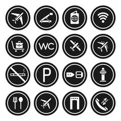 Flight icons. Black airport icon set isolated on white background