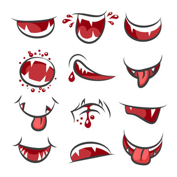 Cartoon monster mouth set isolated on white background. Mouths facial expressions for smile and sad vector illustration