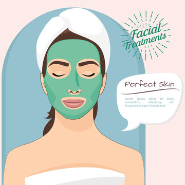 Perfect Skin Vector Illustration. Beautiful Woman With Peeling Green Face Mask