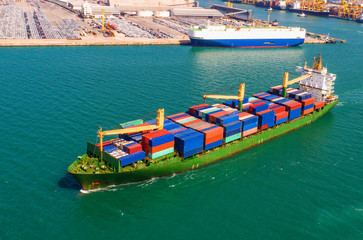 container ship in import export and business logistic.By crane ,Trade Port , Shipping.cargo to harbor.Aerial view.Top view.