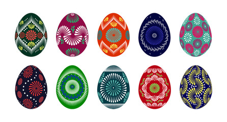 Set of traditional Easter eggs. Hand painted brightly colored eggs using hot wax technique illustration.