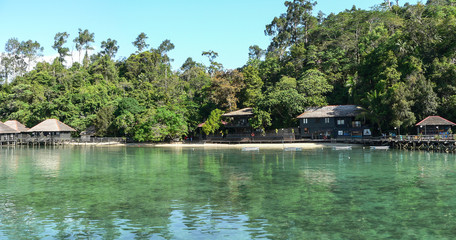 Fishing huts houseboats over sea in Borneo Malaysia
