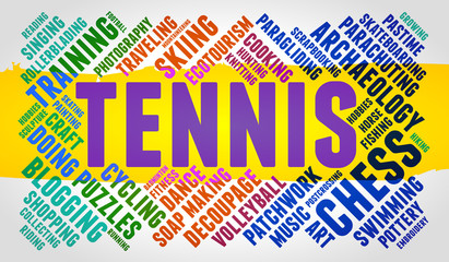 Fototapeta na wymiar Tennis. Word cloud, multicolor font, yellow stripe, grey gradient background. Hobby.