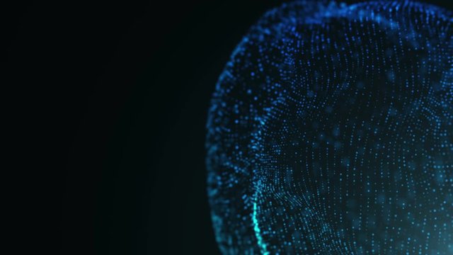 Abstract background with colorful particles displacement and depth of field. Seamless loop