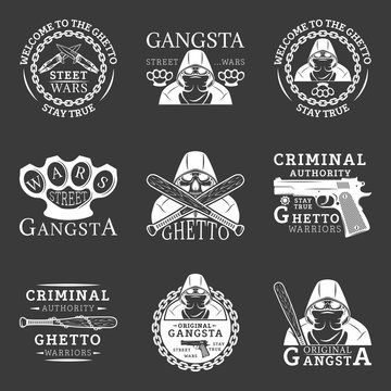 Gangster, ghetto, street wars emblems in monochrome style  for your custom emblem, label, logo design isolated on white background