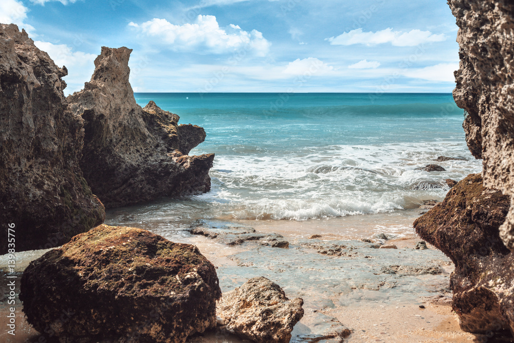 Wall mural rocks , sea and blue sky at sunny day