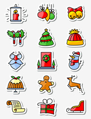 Christmas and New Year icons set. Thin simply line stickers. Vector winter holiday's icons