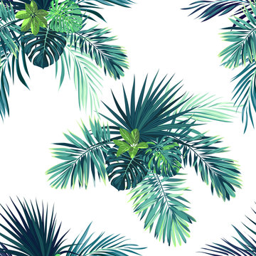 Tropical background with jungle plants. Seamless vector tropical pattern with green phoenix palm leaves. © Ms.Moloko