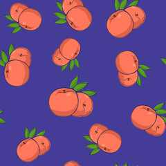 Seamless Pattern of Peach, Fruit on Purple Background, Vector Illustration